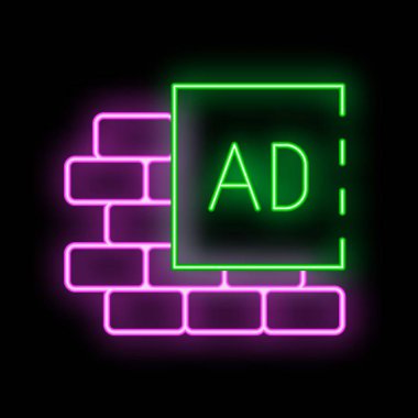 Tuğla duvarda parlayan yeşil ve mor neon tabela reklamı