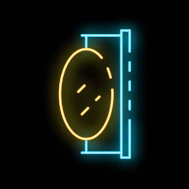 Parlayan neon çizgisi yuvarlak makyaj aynası ikonu siyah arkaplanda izole edilmiş. Vektör