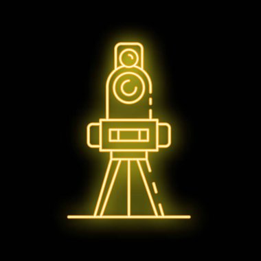Bir teodolitin parlak sarı neon ikonu, dikey ve yatay düzlemdeki açıları ölçmek için bir araçtır, ölçme, jeodezi ve inşaatlarda kullanılır.
