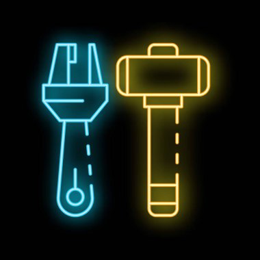 Siyah arkaplanda parlayan neon çizgili çekiç ve ingiliz anahtarı simgesi var. Spanners, alet çekmecesi ayarı. Tamir tabelası. Neon sanat tarzı. Vektör