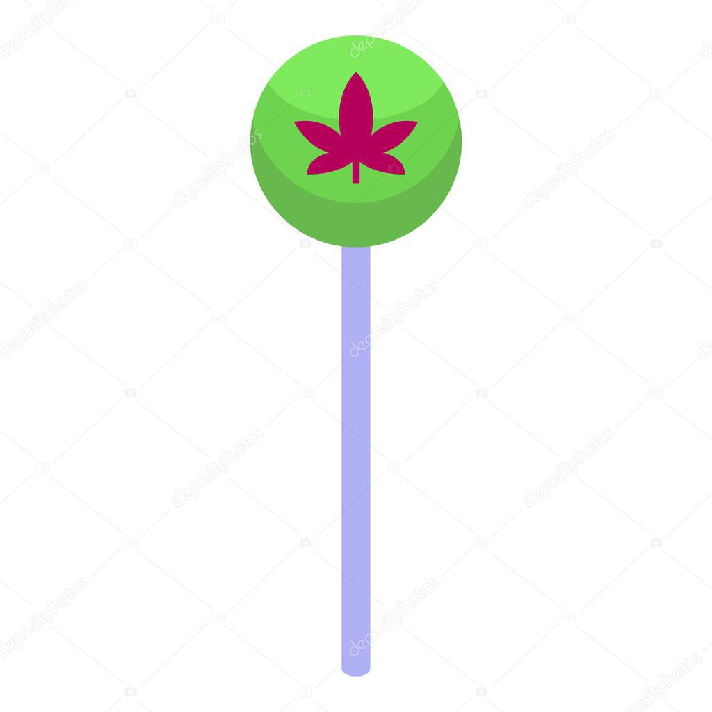 Round green lollipop with cannabis leaf sign on white background promoting legalization of marijuana