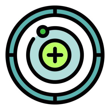 Çekirdekli basit atom simgesi, yörüngede dönen elektron ve artı işareti, pozitif yükü temsil eder.