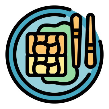 Minimalist icon depicting sushi on a plate with wasabi and chopsticks, evoking japanese culinary traditions clipart