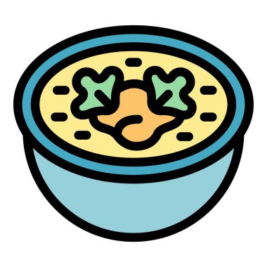 Yemekte sebze ve et suyu servis edilen bir çorba kasesinin basit vektör simgesi.