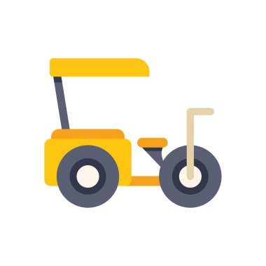 Üç tekerli sarı golf arabası ve sabit duran bir çatı, düz görünüm ikonu