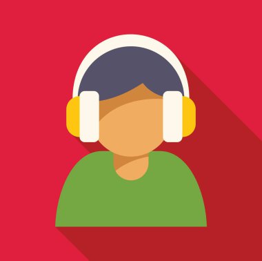 Kulaklık takan, ses içeriğinden keyif alan, müzik dinleyen ya da podcast 'i uzun gölgeli düz dizayn tarzında yapan kişi