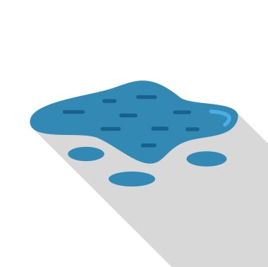 Mavi su birikintisi, hafif yüzeyde bir leke oluşturuyor. Etrafında küçük damlacıklar ve düz bir tasarım tarzında uzun bir gölge var.