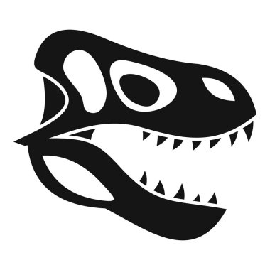 Keskin dişlerini vurgulayan bir Tyrannosaurus rex kafatasının yan görüntüsü, siyah ve beyaz bir siluet olarak sunuluyor.