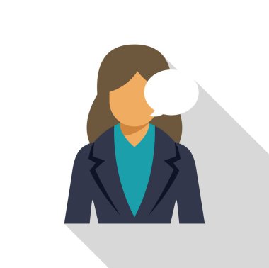 İş kadını düşüncelerini ve fikirlerini boş bir konuşma balonuyla ifade ediyor. İş dünyasındaki iletişimi sembolize ediyor.