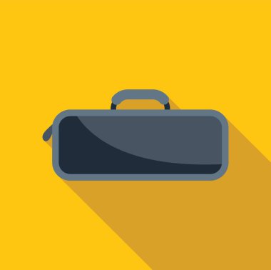 Kapalı küçük gri bir çanta, sapı parlak sarı arka planda duruyor. Uzun, düz bir tasarım.