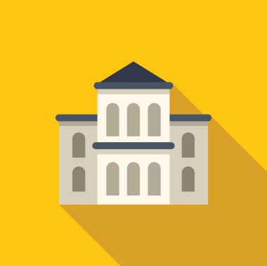 Kemerli ve koyu gri çatılı beyaz bina, mimari veya kentsel tasarım projeleri için ideal, canlı sarı bir arkaplan üzerine uzun bir gölge oluşturuyor.