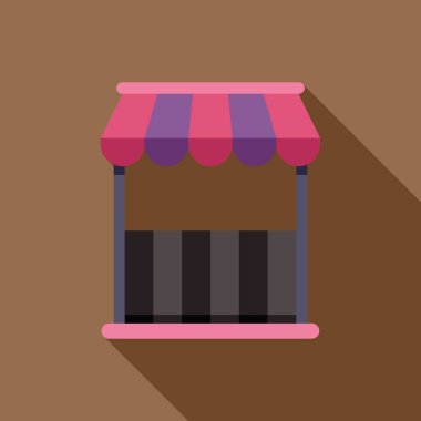 Küçük bir dükkan veya büfe üzerine pembe ve mor çizgili tente, davetkar bir vitrin yaratıyor.