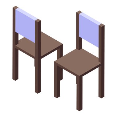 Mavi sırtlı iki basit kahverengi bekleme odası sandalyesi izometrik bir perspektiften görülüyor.