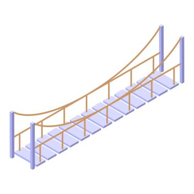 Tahtadan yapılmış Isometric ip köprü ve destek sütunları, iki tarafı birbirine bağlıyor, beyaz arka planda izole edilmiş.