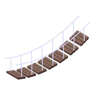 Tahta levhalar ve metal parmaklıklarla Isometric halat köprüsü, iki tarafı birleştirmek, macera ve seyahat kavramları için ideal.