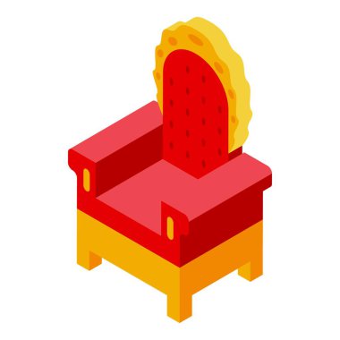 İzometrik bakış açısıyla kraliyet tahtı, monarşiyi, gücü ve otoriteyi temsil eden altın detaylarla dolu kırmızı taht.