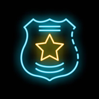 Parlak sarı yıldızlı parlak neon polis rozeti koyu bir arka planda resmedildi
