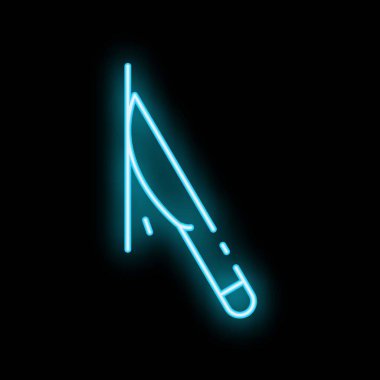 Kan damlayan kanlı bıçağın mavi neon ikonu siyah bir duvarda parlıyor.