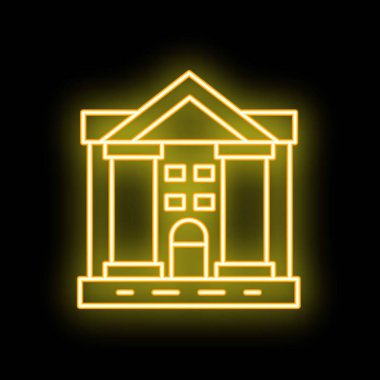 Bir binanın, muhtemelen bir bankanın, adliyenin ya da diğer resmi kurumların neon simgesi karanlık bir arkaplanda parlıyor.