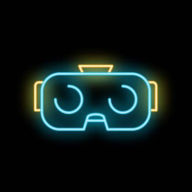 Blue and yellow neon icon of a vr headset glowing on a black background clipart