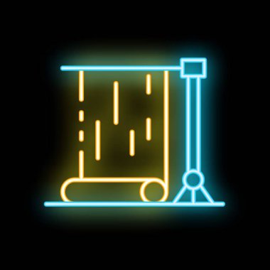Parlak neon ikonu üç ayaklı bir projektör ekranı tasvir ediyor, sunumlar, ev sineması ve görsel eğlence ile ilgili kavramları göstermek için mükemmel.