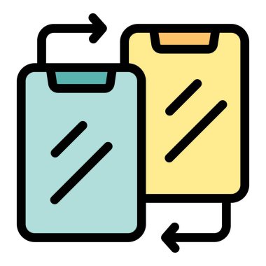 Bu vektör illüstrasyonu iki akıllı telefonun veri alışverişini, kablosuz dosya transferini veya uygulama eşzamanlamasını sembolize ederek resmeder