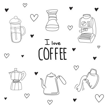 Kahve dükkanı çizim seti. Vektör illüstrasyonu.