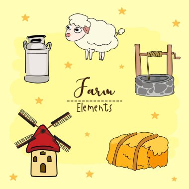 Elle çizilmiş çiftlik elementleri. Vektör illüstrasyonu.