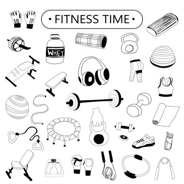 Spor malzemeleri ikonları hazır. Düz biçimli vektör illüstrasyonu.