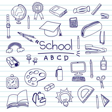 Eğitici nesneler için öğelerle okula dönüyorum. Vektör illüstrasyonu.