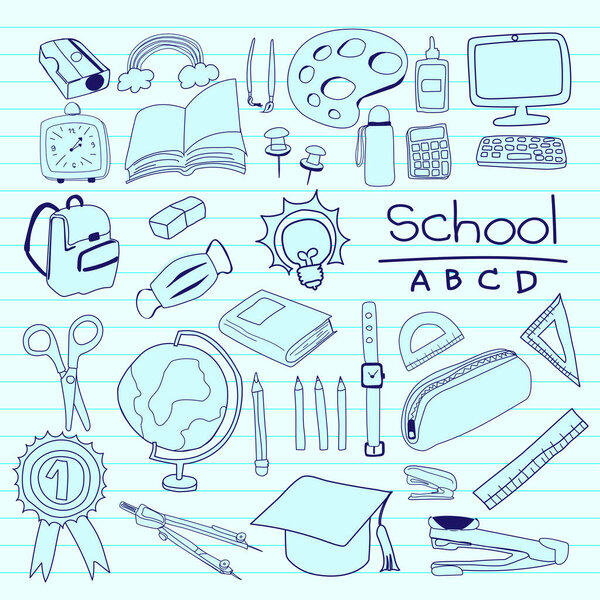 Назад в школу с элементами для учебных объектов. Векторная иллюстрация.