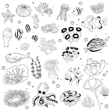 Çocuklar için Doodle Deniz Yaşamı Çizimi.