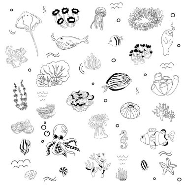 Çocuklar için Doodle Deniz Yaşamı Çizimi.