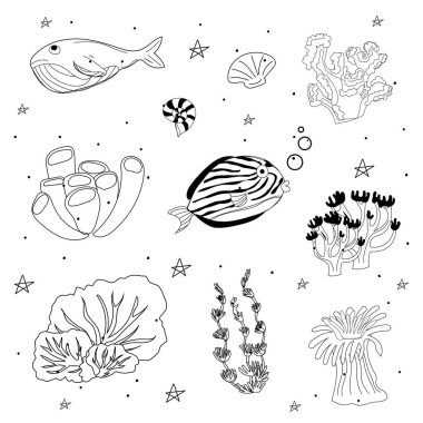 Çocuklar için Doodle Deniz Yaşamı Çizimi.