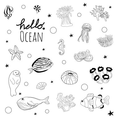 Çocuklar için Doodle Deniz Yaşamı Çizimi.