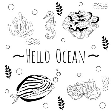 Çocuklar için Doodle Deniz Yaşamı Çizimi.