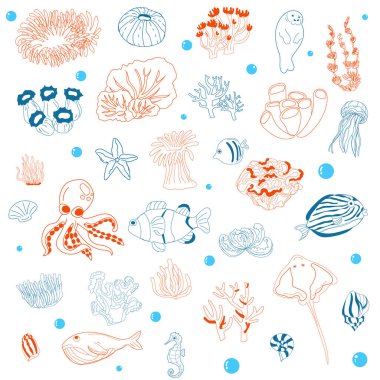 Çocuklar için Doodle Deniz Yaşamı Çizimi.