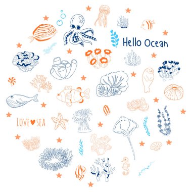 Çocuklar için Doodle Deniz Yaşamı Çizimi.