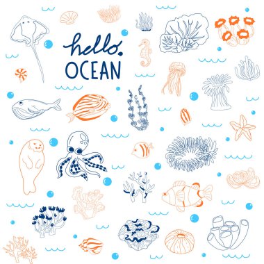 Çocuklar için Doodle Deniz Yaşamı Çizimi.