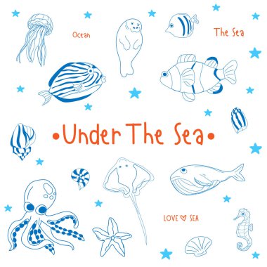 Çocuklar için Doodle Deniz Yaşamı Çizimi.