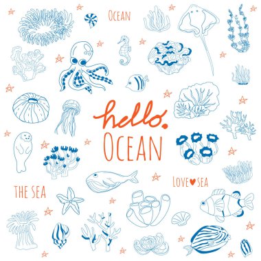 Çocuklar için Doodle Deniz Yaşamı Çizimi.