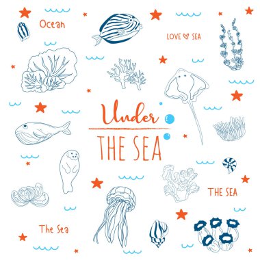 Çocuklar için Doodle Deniz Yaşamı Çizimi.