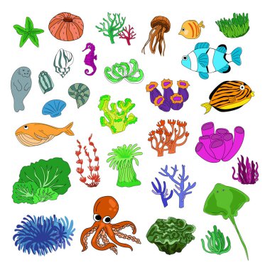 Çocuklar için Doodle Deniz Yaşamı Çizimi.