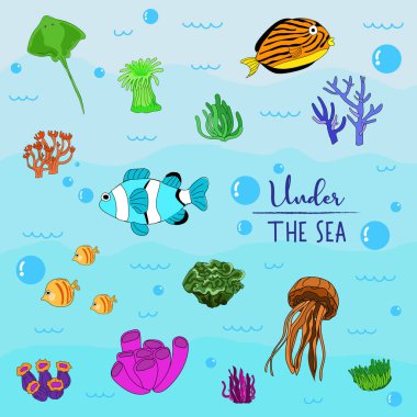 Bright and colorful illustration of various marine creatures. clipart