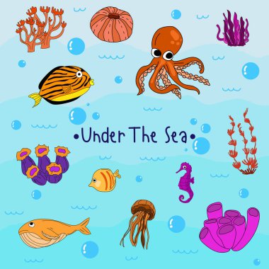 Bright and colorful illustration of various marine creatures. clipart