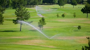 Bulgaristan 'daki yeşil golf sahasında yüksek basınçlı su fıskiyesi çimenleri suluyor.