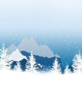 Ağaçlar, dağlar ve karla kaplı kış ormanı. Noel tatili geçmişi