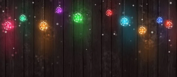冬のクリスマスマルチカラーボール装飾照明木製のバナー — ストック写真