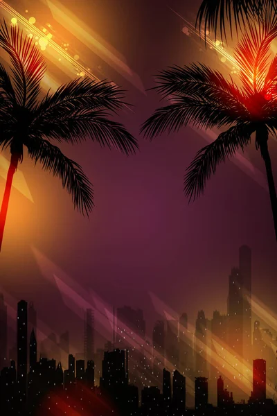 Retro Tropical Beach Poster Palms City Skyline Disco Music Background — Stock Photo, Image
