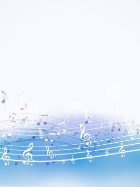 Müzik broşürleri ve posterleri için mavi arka planda notaları olan klasik müzik afişi.